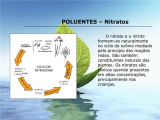O nitrato e o nitrito formam-se naturalmente no ciclo do ozônio mediado pelo princípio das reações redox. São também constituintes naturais das plantas. Os nitratos são tóxicos quando presentes em altas concentrações, principalmente nas crianças. POLUENTES – Nitratos 