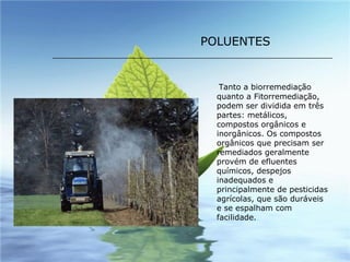 Tanto a biorremediação quanto a Fitorremediação,  podem ser dividida em três partes: metálicos, compostos orgânicos e inorgânicos. Os compostos orgânicos que precisam ser remediados geralmente provém de efluentes químicos, despejos inadequados e principalmente de pesticidas agrícolas, que são duráveis e se espalham com facilidade. POLUENTES 