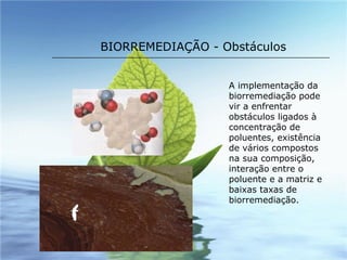BIORREMEDIAÇÃO - Obstáculos A implementação da biorremediação pode vir a enfrentar obstáculos ligados à concentração de poluentes, existência de vários compostos na sua composição, interação entre o poluente e a matriz e baixas taxas de biorremediação. 