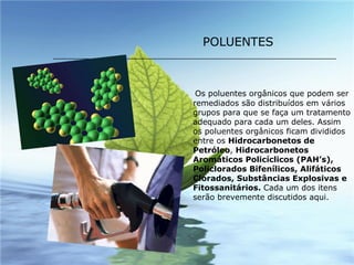 Os poluentes orgânicos que podem ser remediados são distribuídos em vários grupos para que se faça um tratamento adequado para cada um deles. Assim os poluentes orgânicos ficam divididos entre os  Hidrocarbonetos de Petróleo ,  Hidrocarbonetos Aromáticos Policíclicos (PAH’s), Policlorados Bifenílicos, Alifáticos Clorados, Substâncias Explosivas e Fitossanitários.  Cada um dos itens serão brevemente discutidos aqui. POLUENTES 