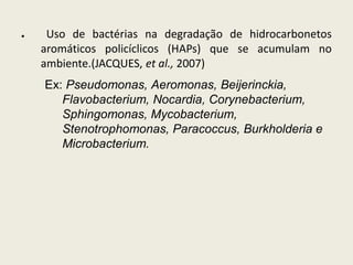 ● Uso de bactérias na degradação de hidrocarbonetos
aromáticos policíclicos (HAPs) que se acumulam no
ambiente.(JACQUES, et al., 2007)
Ex: Pseudomonas, Aeromonas, Beijerinckia,
Flavobacterium, Nocardia, Corynebacterium,
Sphingomonas, Mycobacterium,
Stenotrophomonas, Paracoccus, Burkholderia e
Microbacterium.
 