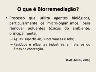 O que é Biorremediação?
• Processo que utiliza agentes biológicos,
particularmente os micro-organismos, para
remover poluentes tóxicos do ambiente,
principalmente:
– Águas superficiais, subterrâneas e solo;
– Resíduos e efluentes industriais em aterros ou
áreas de contenção.
(GAYLARDE, 2005)
 