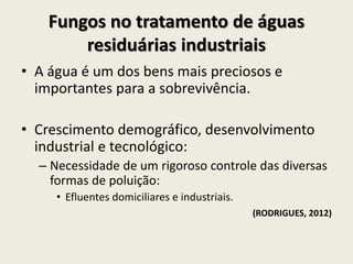 Fungos no tratamento de águas
residuárias industriais
• A água é um dos bens mais preciosos e
importantes para a sobrevivência.
• Crescimento demográfico, desenvolvimento
industrial e tecnológico:
– Necessidade de um rigoroso controle das diversas
formas de poluição:
• Efluentes domiciliares e industriais.
(RODRIGUES, 2012)
 