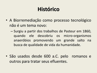 Histórico
• A Biorremediação como processo tecnológico
não é um tema novo:
– Surgiu a partir dos trabalhos de Pasteur em 1860,
quando ele descobriu os micro-organismos
anaeróbios promovendo um grande salto na
busca de qualidade de vida da humanidade.
• São usados desde 600 a.C. pelo romanos e
outros para tratar seus efluentes.
 