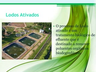 Lodos Ativados
• O processo de Lodo
ativado é um
tratamento biológico de
efluente que é
destinado a remover
poluentes orgânicos
biodegredáveis.
 
