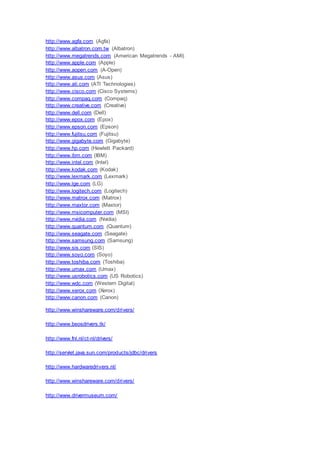http://www.agfa.com (Agfa)
http://www.albatron.com.tw (Albatron)
http://www.megatrends.com (American Megatrends - AMI)
http://www.apple.com (Apple)
http://www.aopen.com (A-Open)
http://www.asus.com (Asus)
http://www.ati.com (ATI Technologies)
http://www.cisco.com (Cisco Systems)
http://www.compaq.com (Compaq)
http://www.creative.com (Creative)
http://www.dell.com (Dell)
http://www.epox.com (Epox)
http://www.epson.com (Epson)
http://www.fujitsu.com (Fujitsu)
http://www.gigabyte.com (Gigabyte)
http://www.hp.com (Hewlett Packard)
http://www.ibm.com (IBM)
http://www.intel.com (Intel)
http://www.kodak.com (Kodak)
http://www.lexmark.com (Lexmark)
http://www.lge.com (LG)
http://www.logitech.com (Logitech)
http://www.matrox.com (Matrox)
http://www.maxtor.com (Maxtor)
http://www.msicomputer.com (MSI)
http://www.nvidia.com (Nvidia)
http://www.quantum.com (Quantum)
http://www.seagate.com (Seagate)
http://www.samsung.com (Samsung)
http://www.sis.com (SIS)
http://www.soyo.com (Soyo)
http://www.toshiba.com (Toshiba)
http://www.umax.com (Umax)
http://www.usrobotics.com (US Robotics)
http://www.wdc.com (Western Digital)
http://www.xerox.com (Xerox)
http://www.canon.com (Canon)
http://www.winshareware.com/drivers/
http://www.beosdrivers.tk/
http://www.fnl.nl/ct-nl/drivers/
http://servlet.java.sun.com/products/jdbc/drivers
http://www.hardwaredrivers.nl/
http://www.winshareware.com/drivers/
http://www.drivermuseum.com/
 