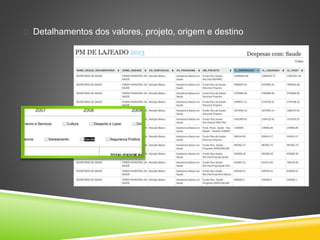  Detalhamentos dos valores, projeto, origem e destino 
 