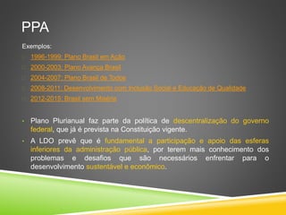 PPA 
Exemplos: 
 1996-1999: Plano Brasil em Ação 
 2000-2003: Plano Avança Brasil 
 2004-2007: Plano Brasil de Todos 
 2008-2011: Desenvolvimento com Inclusão Social e Educação de Qualidade 
 2012-2015: Brasil sem Miséria 
• Plano Plurianual faz parte da política de descentralização do governo 
federal, que já é prevista na Constituição vigente. 
• A LDO prevê que é fundamental a participação e apoio das esferas 
inferiores da administração pública, por terem mais conhecimento dos 
problemas e desafios que são necessários enfrentar para o 
desenvolvimento sustentável e econômico. 
 