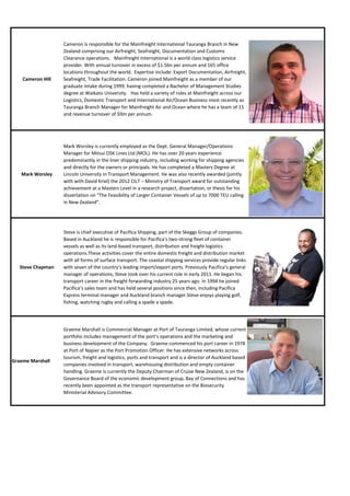 Cameron is responsible for the Mainfreight International Tauranga Branch in New
                   Zealand comprising our Airfreight, Seafreight, Documentation and Customs
                   Clearance operations.   Mainfreight International is a world class logistics service
                   provider. With annual turnover in excess of $1.5bn per annum and 165 office
                   locations throughout the world.  Expertise include: Export Documentation, Airfreight,
    Cameron Hill   Seafreight, Trade Facilitation. Cameron joined Mainfreight as a member of our
                   graduate intake during 1999, having completed a Bachelor of Management Studies 
                   degree at Waikato University.   Has held a variety of roles at Mainfreight across our
                   Logistics, Domestic Transport and International Air/Ocean Business most recently as
                   Tauranga Branch Manager for Mainfreight Air and Ocean where he has a team of 15
                   and revenue turnover of $9m per annum.




                   Mark Worsley is currently employed as the Dept. General Manager/Operations
                   Manager for Mitsui OSK Lines Ltd (MOL). He has over 20 years experience
                   predominantly in the liner shipping industry, including working for shipping agencies
                   and directly for the owners or principals. He has completed a Masters Degree at
   Mark Worsley    Lincoln University in Transport Management. He was also recently awarded (jointly
                   with with David Kriel) the 2012 CILT – Ministry of Transport award for outstanding
                   achievement at a Masters Level in a research project, dissertation, or thesis for his
                   dissertation on "The Feasibility of Larger Container Vessels of up to 7000 TEU calling
                   in New Zealand”.




                   Steve is chief executive of Pacifica Shipping, part of the Skeggs Group of companies.
                   Based in Auckland he is responsible for Pacifica's two-strong fleet of container
                   vessels as well as its land-based transport, distribution and freight logistics
                   operations.These activities cover the entire domestic freight and distribution market
                   with all forms of surface transport. The coastal shipping services provide regular links
   Steve Chapman   with seven of the country's leading import/export ports. Previously Pacifica’s general
                   manager of operations, Steve took over his current role in early 2011. He began his
                   transport career in the freight forwarding industry 25 years ago. In 1994 he joined
                   Pacifica’s sales team and has held several positions since then, including Pacifica
                   Express terminal manager and Auckland branch manager.Steve enjoys playing golf,
                   fishing, watching rugby and calling a spade a spade.




                   Graeme Marshall is Commercial Manager at Port of Tauranga Limited, whose current
                   portfolio includes management of the port’s operations and the marketing and
                   business development of the Company. Graeme commenced his port career in 1978
                   at Port of Napier as the Port Promotion Officer. He has extensive networks across
                   tourism, freight and logistics, ports and transport and is a director of Auckland based
Graeme Marshall
                   companies involved in transport, warehousing distribution and empty container
                   handling. Graeme is currently the Deputy Chairman of Cruise New Zealand, is on the
                   Governance Board of the economic development group, Bay of Connections and has
                   recently been appointed as the transport representative on the Biosecurity
                   Ministerial Advisory Committee.
 