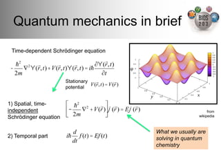 Quantum mechanics in brief!
 Time-dependent Schrödinger equation!
                                         "
   !2 2 "           "      "          $#(r, t)
 !    " #(r, t) +V (r, t)#(r, t) = i!
   2m                                   $t
                         Stationary    !          !
                                    V (r, t) = V (r )
                         potential!


1) Spatial, time-     # !2 2      !& !             !
independent           %!    " +V (r )(! (r ) = E! (r )                        from
Schrödinger equation! $
                         2m          '                                   wikipedia!



                              d                          What we usually are
2) Temporal part!        i!      f (t) = Ef (t)          solving in quantum
                              dt
                                                         chemistry!
 
