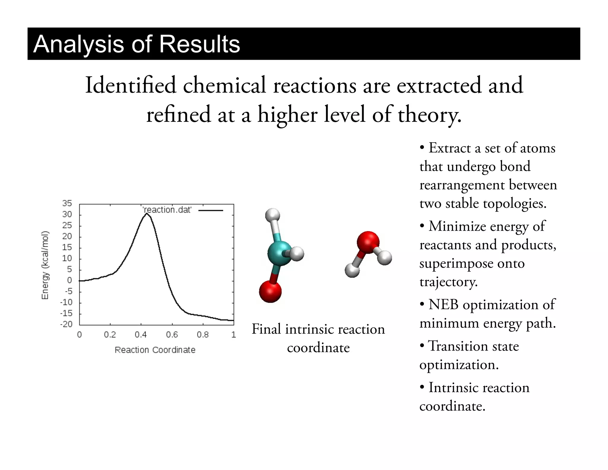Analysis of Results
       Identified chemical reactions are extracted and
              refined at a higher level of theory.
                                                         •  Extract a set of atoms
                                                         that undergo bond
                                                         rearrangement between
                                                         two stable topologies.
                                                         •  Minimize energy of
                                                         reactants and products,
                                                         superimpose onto
                                                         trajectory.
                                                         •  NEB optimization of
Raw data from MD trajectory   Final intrinsic reaction   minimum energy path.
                                    coordinate           •  Transition state
                                                         optimization.
                                                         •  Intrinsic reaction
                                                         coordinate.
 