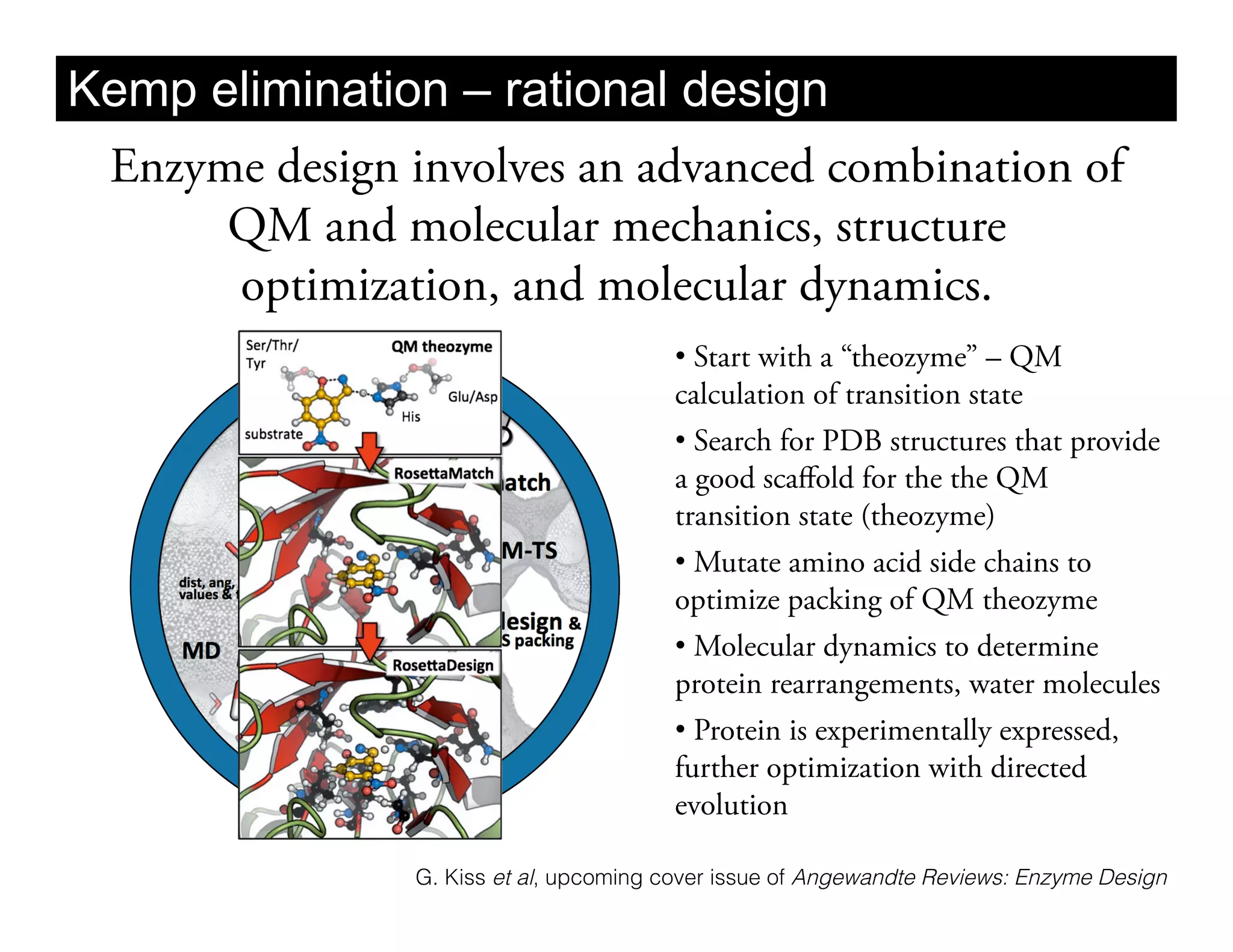 Kemp elimination – rational design
 Enzyme design involves an advanced combination of
      QM and molecular mechanics, structure
      optimization, and molecular dynamics.
                                       •  Start with a “theozyme” – QM
                                       calculation of transition state
                                       •  Search for PDB structures that provide
                                       a good scaﬀold for the the QM
                                       transition state (theozyme)
                                       •  Mutate amino acid side chains to
                                       optimize packing of QM theozyme
                                       •  Molecular dynamics to determine
                                       protein rearrangements, water molecules
                                       •  Protein is experimentally expressed,
                                       further optimization with directed
                                       evolution

               G. Kiss et al, upcoming cover issue of Angewandte Reviews: Enzyme Design
 