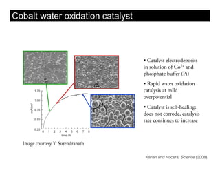 Cobalt water oxidation catalyst



                                   •  Catalyst electrodeposits
                                   in solution of Co2+ and
                                   phosphate buﬀer (Pi)
                                   •  Rapid water oxidation
                                   catalysis at mild
                                   overpotential
                                   •  Catalyst is self-healing;
                                   does not corrode, catalysis
                                   rate continues to increase



  Image courtesy Y. Surendranath

                                    Kanan and Nocera, Science (2008).
 