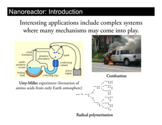 Nanoreactor: Introduction
    Interesting applications include complex systems
     where many mechanisms may come into play.




                                                        Combustion
    Urey-Miller experiment (formation of
  amino acids from early Earth atmosphere)




                                      Radical polymerization
 