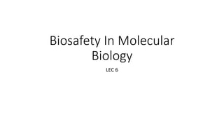 Biosafety In Molecular
Biology
LEC 6
 