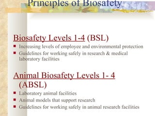 Principles of Biosafety   Biosafety Levels 1-4  (BSL) Increasing levels of employee and environmental protection Guidelines for working safely in research & medical laboratory facilities Animal Biosafety Levels 1- 4   (ABSL) Laboratory animal facilities Animal models that support research Guidelines for working safely in animal research facilities 