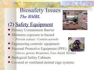 Biosafety Issues The BMBL (2)  Safety Equipment Primary Containment Barrier Minimize exposure to hazard Prevent contact / Contain aerosols Engineering controls/ equipment Personal Protective Equipment (PPE) Gloves, gowns, Respirator, Face shield, Booties Biological Safety Cabinets Covered or ventilated animal cage systems  