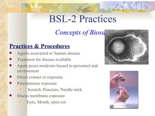 BSL-2 Practices   Concepts of Biosafety Practices & Procedures Agents associated w/ human disease Treatment for disease available Agent poses moderate hazard to personnel and environment Direct contact or exposure Percutaneous exposure Scratch, Puncture, Needle stick Mucus membrane exposure Eyes, Mouth, open cut 