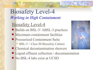 Biosafety Level-4 Working in High Containment Biosafety Level-4   Builds on BSL-3/ ABSL-3 practices Maximum containment facilities Pressurized Containment Suite BSL-3 + Class III Biosafety Cabinet Chemical decontamination showers Liquid effluent collection / decontamination No BSL-4 labs exist at UCSD 