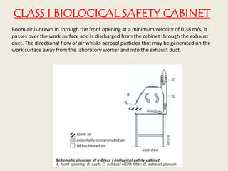 CLASS I BIOLOGICAL SAFETY CABINET
Room air is drawn in through the front opening at a minimum velocity of 0.38 m/s, it
passes over the work surface and is discharged from the cabinet through the exhaust
duct. The directional flow of air whisks aerosol particles that may be generated on the
work surface away from the laboratory worker and into the exhaust duct.
 