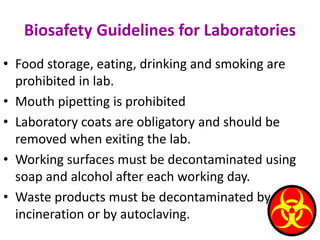 Biosafety Guidelines for Laboratories
• Food storage, eating, drinking and smoking are
prohibited in lab.
• Mouth pipetting is prohibited
• Laboratory coats are obligatory and should be
removed when exiting the lab.
• Working surfaces must be decontaminated using
soap and alcohol after each working day.
• Waste products must be decontaminated by
incineration or by autoclaving.
 