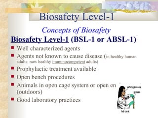 Biosafety Level-1
Concepts of Biosafety
Biosafety Level-1 (BSL-1 or ABSL-1)
 Well characterized agents
 Agents not known to cause disease (in healthy human
adults; now healthy immunocompetent adults)
 Prophylactic treatment available
 Open bench procedures
 Animals in open cage system or open environment
(outdoors)
 Good laboratory practices
 