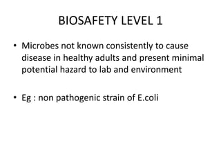 BIOSAFETY LEVEL 1
• Microbes not known consistently to cause
disease in healthy adults and present minimal
potential hazard to lab and environment
• Eg : non pathogenic strain of E.coli
 