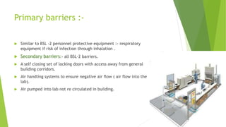 Primary barriers :-
 Similar to BSL -2 personnel protective equipment :- respiratory
equipment if risk of infection through inhalation .
 Secondary barriers:- all BSL-2 barriers.
 A self closing set of locking doors with access away from general
building corridors.
 Air handling systems to ensure negative air flow ( air flow into the
lab).
 Air pumped into lab not re circulated in building.
 