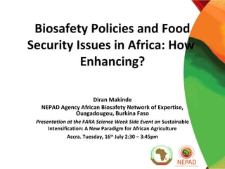 Biosafety Policies and Food
Security Issues in Africa: How
Enhancing?
Diran Makinde
NEPAD Agency African Biosafety Network of Expertise,
Ouagadougou, Burkina Faso
Presentation at the FARA Science Week Side Event on Sustainable
Intensification: A New Paradigm for African Agriculture
Accra. Tuesday, 16th
July 2:30 – 3:45pm
 