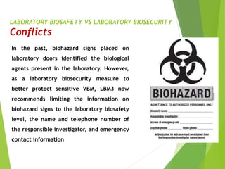 LABORATORY BIOSAFETY VS LABORATORY BIOSECURITY
Conflicts
In the past, biohazard signs placed on
laboratory doors identified the biological
agents present in the laboratory. However,
as a laboratory biosecurity measure to
better protect sensitive VBM, LBM3 now
recommends limiting the information on
biohazard signs to the laboratory biosafety
level, the name and telephone number of
the responsible investigator, and emergency
contact information
 