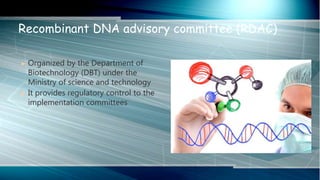  Organized by the Department of
Biotechnology (DBT) under the
Ministry of science and technology
 It provides regulatory control to the
implementation committees
Recombinant DNA advisory committee (RDAC)
 
