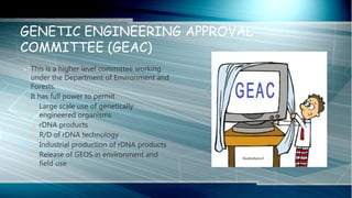  This is a higher level committee working
under the Department of Environment and
Forests.
 It has full power to permit
 Large scale use of genetically
engineered organisms
 rDNA products
 R/D of rDNA technology
 Industrial production of rDNA products
 Release of GEOS in environment and
field use
GENETIC ENGINEERING APPROVAL
COMMITTEE (GEAC)
 