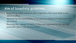  Regulating rDNA research with organisms that have least or no
adverse effect.
 Minimizing the possibilities of occasional release of GEOs from the
laboratory
 Banning the release of GEOs if they are supposed to be causing
potential risks in the environment
Aim of biosafety guidelines
 