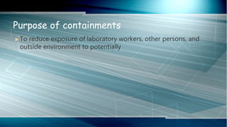  To reduce exposure of laboratory workers, other persons, and
outside environment to potentially
Purpose of containments
 