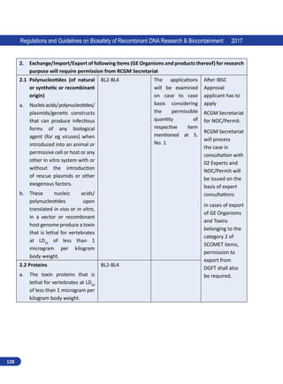 128
Regulations and Guidelines on Biosafety of Recombinant DNA Research  Biocontainment 2017
2. Exchange/Import/Export of following items (GE Organisms and products thereof) for research
purpose will require permission from RCGM Secretariat
2.1 
Polynucleotides (of natural
or synthetic or recombinant
origin)
a.	 Nucleicacids/polynucleotides/
plasmids/genetic constructs
that can produce infectious
forms of any biological
agent (for eg viruses) when
introduced into an animal or
permissive cell or host or any
other in vitro system with or
without the introduction
of rescue plasmids or other
exogenous factors.
b.	 These nucleic acids/
polynucleotides upon
translated in vivo or in vitro,
in a vector or recombinant
host genome produce a toxin
that is lethal for vertebrates
at LD50
of less than 1
microgram per kilogram
body weight.
BL2-BL4 The applications
will be examined
on case to case
basis considering
the permissible
quantity of
respective item
mentioned at S.
No. 1
After IBSC
Approval
applicant has to
apply
RCGM Secretariat
for NOC/Permit.
RCGM Secretariat
will process
the case in
consultation with
02 Experts and
NOC/Permit will
be issued on the
basis of expert
consultations
In cases of export
of GE Organisms
and Toxins
belonging to the
category 2 of
SCOMET items,
permission to
export from
DGFT shall also
be required.
2.2 Proteins
a.	 The toxin proteins that is
lethal for vertebrates at LD50
of less than 1 microgram per
kilogram body weight.
BL2-BL4
 