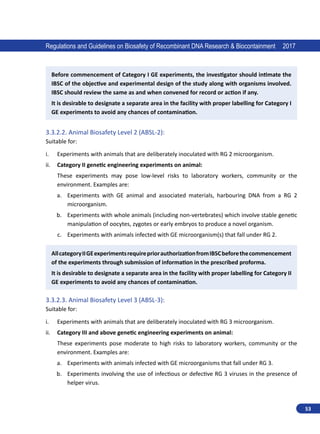 53
Regulations and Guidelines on Biosafety of Recombinant DNA Research  Biocontainment 2017
Before commencement of Category I GE experiments, the investigator should intimate the
IBSC of the objective and experimental design of the study along with organisms involved.
IBSC should review the same as and when convened for record or action if any.
It is desirable to designate a separate area in the facility with proper labelling for Category I
GE experiments to avoid any chances of contamination.
3.3.2.2.	Animal Biosafety Level 2 (ABSL-2):
Suitable for:
i.	 Experiments with animals that are deliberately inoculated with RG 2 microorganism.
ii.	 Category II genetic engineering experiments on animal:
These experiments may pose low-level risks to laboratory workers, community or the
environment. Examples are:
a.	 Experiments with GE animal and associated materials, harbouring DNA from a RG 2
microorganism.
b.	 Experiments with whole animals (including non-vertebrates) which involve stable genetic
manipulation of oocytes, zygotes or early embryos to produce a novel organism.
c.	 Experiments with animals infected with GE microorganism(s) that fall under RG 2.
AllcategoryIIGEexperimentsrequirepriorauthorizationfromIBSCbeforethecommencement
of the experiments through submission of information in the prescribed proforma.
It is desirable to designate a separate area in the facility with proper labelling for Category II
GE experiments to avoid any chances of contamination.
3.3.2.3.	Animal Biosafety Level 3 (ABSL-3):
Suitable for:
i.	 Experiments with animals that are deliberately inoculated with RG 3 microorganism.
ii.	 Category III and above genetic engineering experiments on animal:
These experiments pose moderate to high risks to laboratory workers, community or the
environment. Examples are:
a.	 Experiments with animals infected with GE microorganisms that fall under RG 3.
b.	 Experiments involving the use of infectious or defective RG 3 viruses in the presence of
helper virus.
 