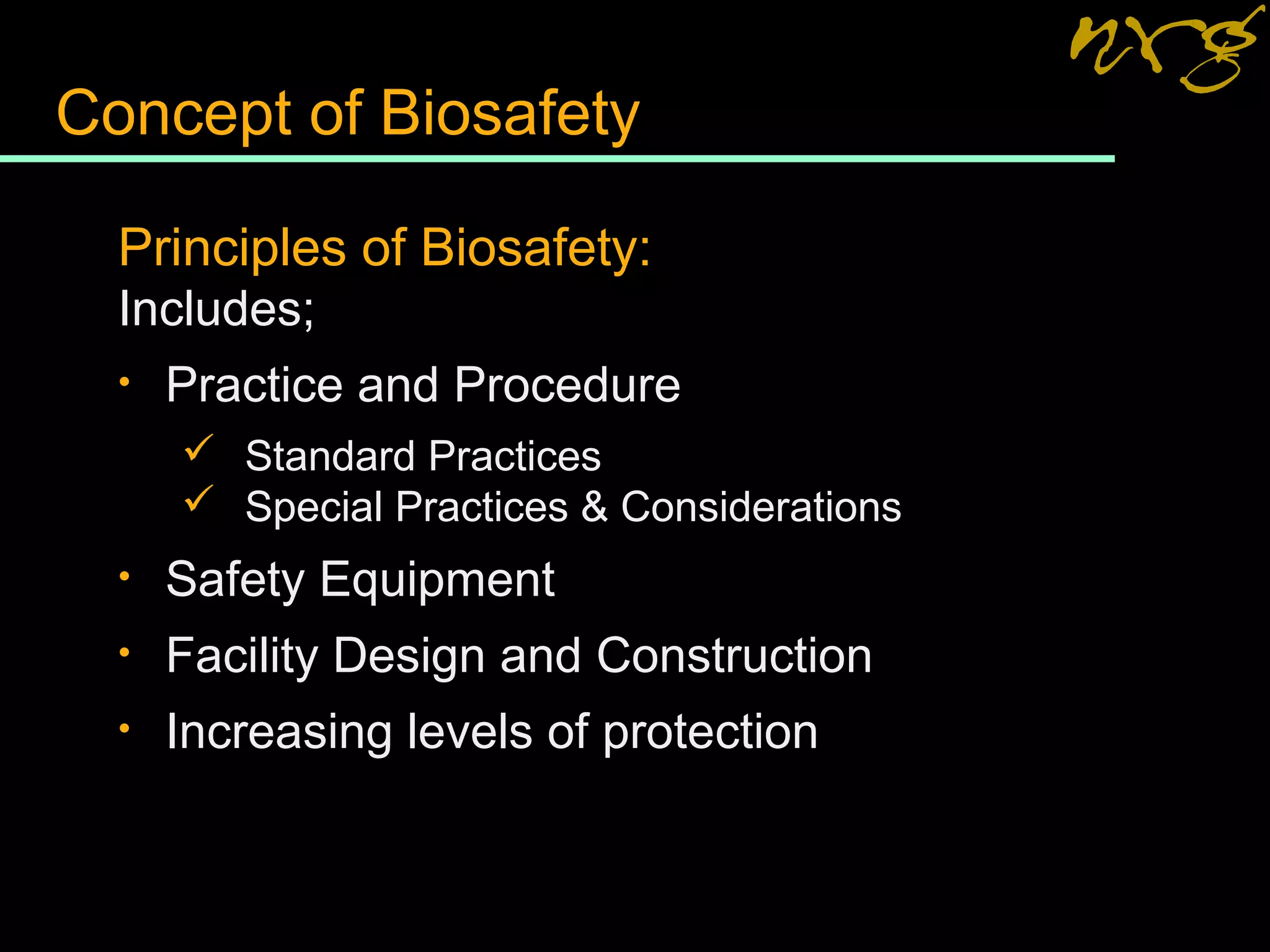 Concept of Biosafety
Principles of Biosafety:
Includes;
• Practice and Procedure
 Standard Practices
 Special Practices & Considerations
• Safety Equipment
• Facility Design and Construction
• Increasing levels of protection
 