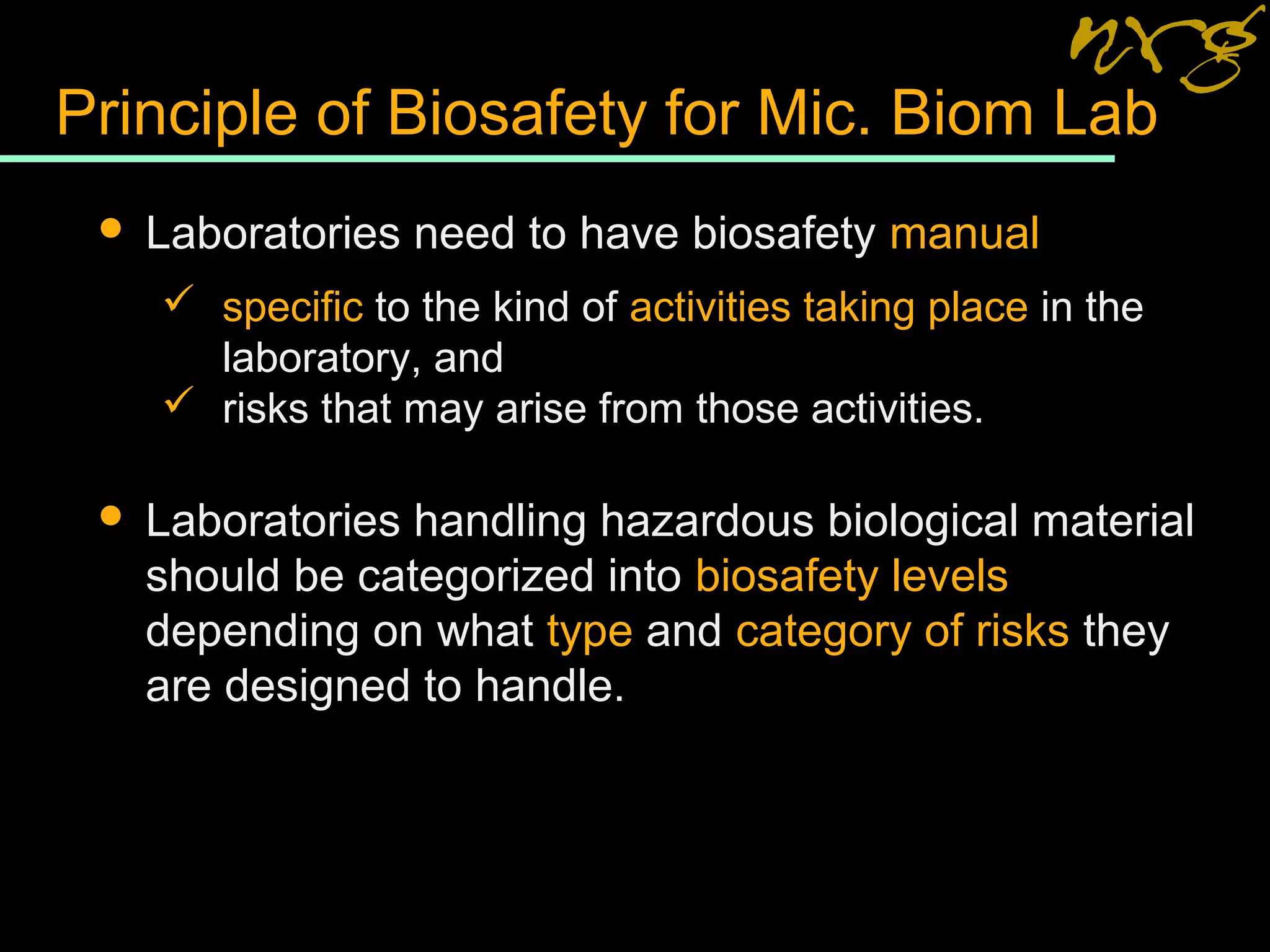 Principle of Biosafety for Mic. Biom Lab
 Laboratories need to have biosafety manual
 specific to the kind of activities taking place in the
laboratory, and
 risks that may arise from those activities.
 Laboratories handling hazardous biological material
should be categorized into biosafety levels
depending on what type and category of risks they
are designed to handle.
 
