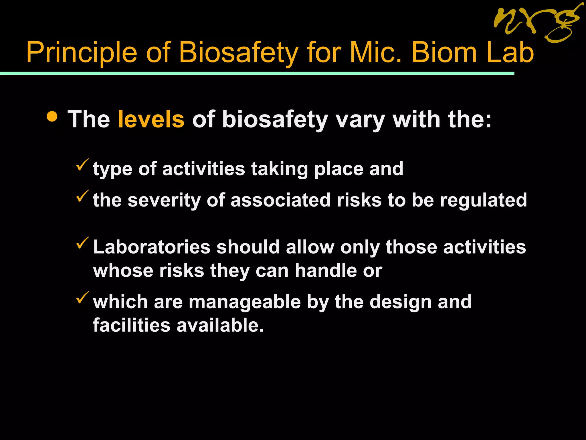 Principle of Biosafety for Mic. Biom Lab
 The levels of biosafety vary with the:
type of activities taking place and
the severity of associated risks to be regulated
Laboratories should allow only those activities
whose risks they can handle or
which are manageable by the design and
facilities available.
 