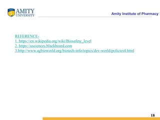 Amity Institute of Pharmacy
18
REFERENCE-
1. https://en.wikipedia.org/wiki/Biosafety_level
2. https://usciences.blackboard.com
3.http://www.agbioworld.org/biotech-info/topics/dev-world/policies4.html
 