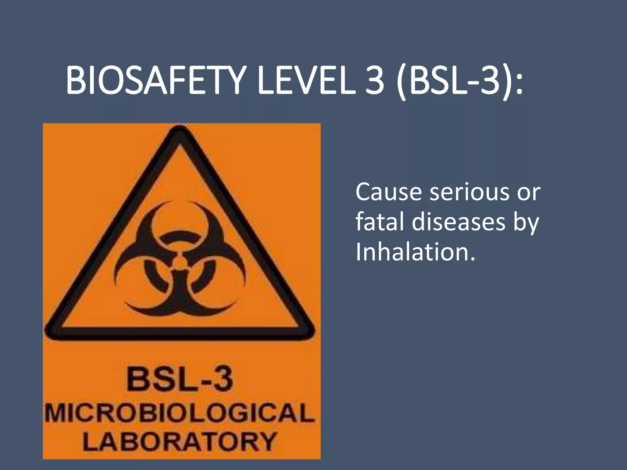 BIOSAFETY LEVEL 3 (BSL-3):
Cause serious or
fatal diseases by
Inhalation.
 