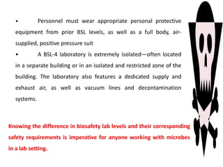 • Personnel must wear appropriate personal protective
equipment from prior BSL levels, as well as a full body, air-
supplied, positive pressure suit
• A BSL-4 laboratory is extremely isolated—often located
in a separate building or in an isolated and restricted zone of the
building. The laboratory also features a dedicated supply and
exhaust air, as well as vacuum lines and decontamination
systems.
Knowing the difference in biosafety lab levels and their corresponding
safety requirements is imperative for anyone working with microbes
in a lab setting.
 