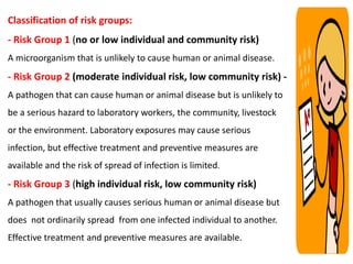 Classification of risk groups:
- Risk Group 1 (no or low individual and community risk)
A microorganism that is unlikely to cause human or animal disease.
- Risk Group 2 (moderate individual risk, low community risk) -
A pathogen that can cause human or animal disease but is unlikely to
be a serious hazard to laboratory workers, the community, livestock
or the environment. Laboratory exposures may cause serious
infection, but effective treatment and preventive measures are
available and the risk of spread of infection is limited.
- Risk Group 3 (high individual risk, low community risk)
A pathogen that usually causes serious human or animal disease but
does not ordinarily spread from one infected individual to another.
Effective treatment and preventive measures are available.
 