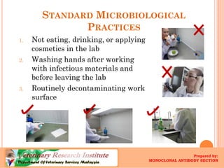 STANDARDMICROBIOLOGICALPRACTICES 
1.Not eating, drinking, or applying cosmetics in the lab 
2.Washing hands after working ...