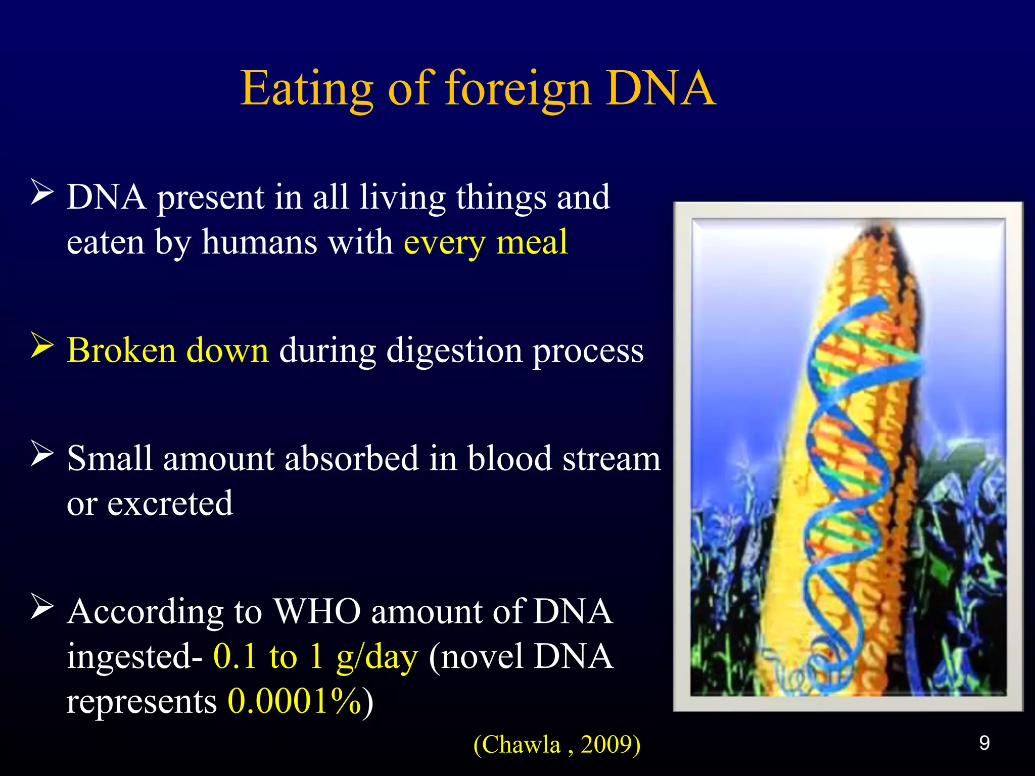 Eating of foreign DNA
 DNA present in all living things and
eaten by humans with every meal
 Broken down during digestion process
 Small amount absorbed in blood stream
or excreted
 According to WHO amount of DNA
ingested- 0.1 to 1 g/day (novel DNA
represents 0.0001%)
(Chawla , 2009) 9
 