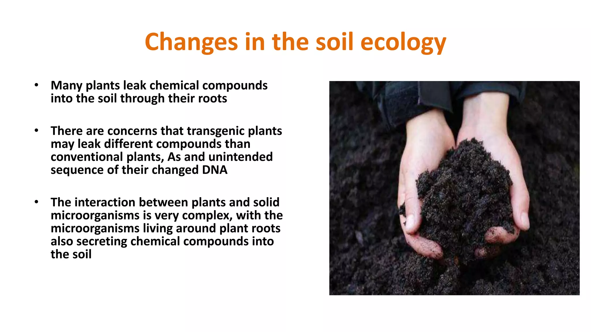 Changes in the soil ecology
• Many plants leak chemical compounds
into the soil through their roots
• There are concerns that transgenic plants
may leak different compounds than
conventional plants, As and unintended
sequence of their changed DNA
• The interaction between plants and solid
microorganisms is very complex, with the
microorganisms living around plant roots
also secreting chemical compounds into
the soil
 