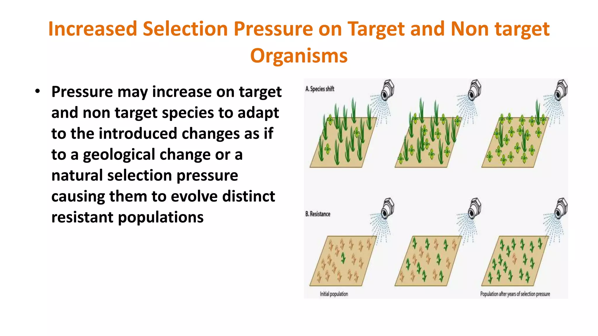 Increased Selection Pressure on Target and Non target
Organisms
• Pressure may increase on target
and non target species to adapt
to the introduced changes as if
to a geological change or a
natural selection pressure
causing them to evolve distinct
resistant populations
 