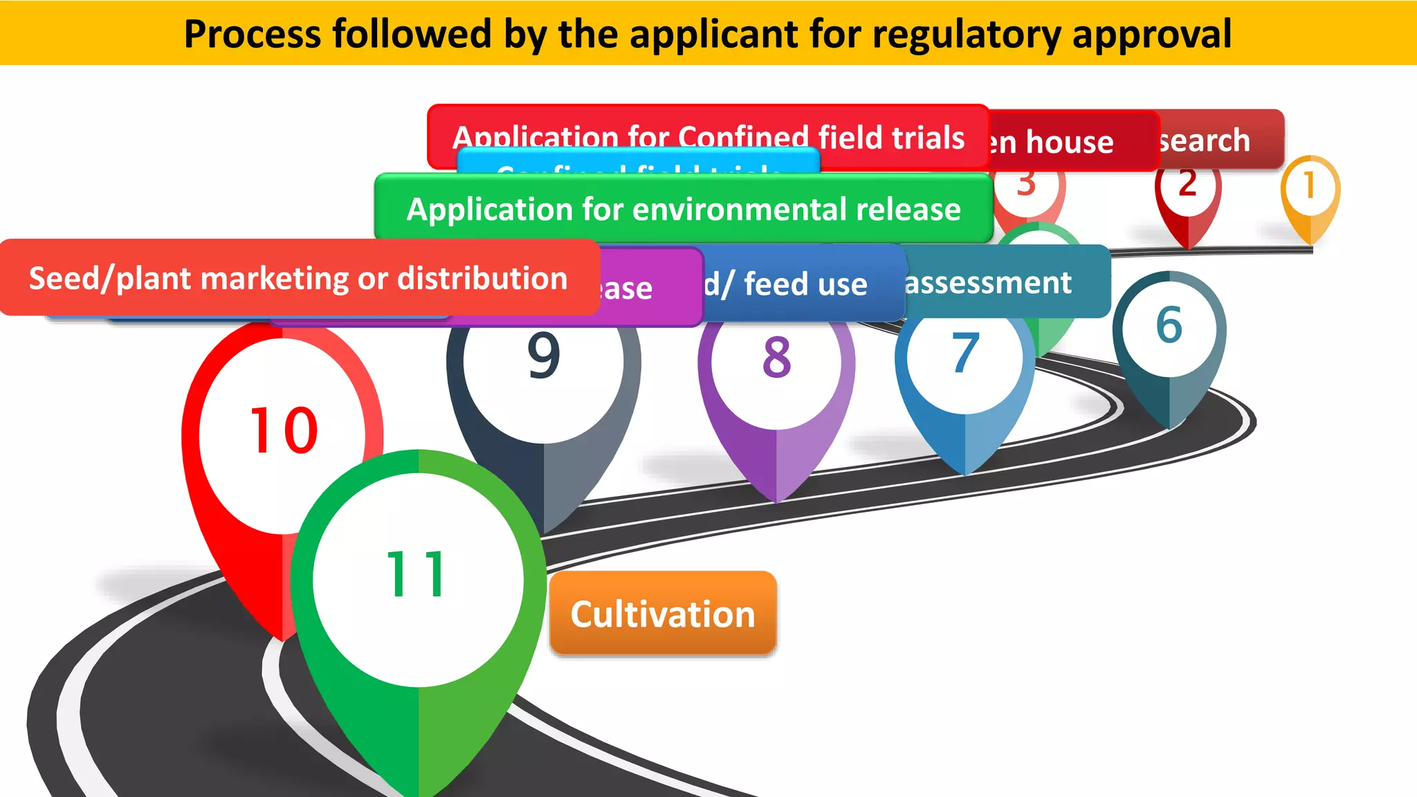 24
23
4
5
6
789
10
11
1
Laboratory researchGrowth chamber and green houseApplication for Confined field trials
Confined field trials
Application for environmental release
Application for food safety assessmentEvent approval for cultivation and food/ feed useVariety/ hybrid releaseSeed/plant multiplicationSeed/plant marketing or distribution
Cultivation
Process followed by the applicant for regulatory approval
 