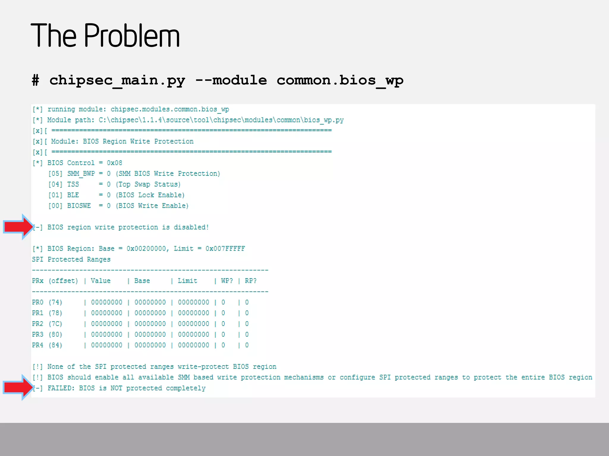 The Problem 
# chipsec_main.py --module common.bios_wp  