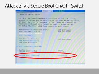 Disabling Secure Boot? 
SecureBootEnableUEFI Variable 
When turning ON/OFF Secure Boot, it should change 
Hmm.. but there...